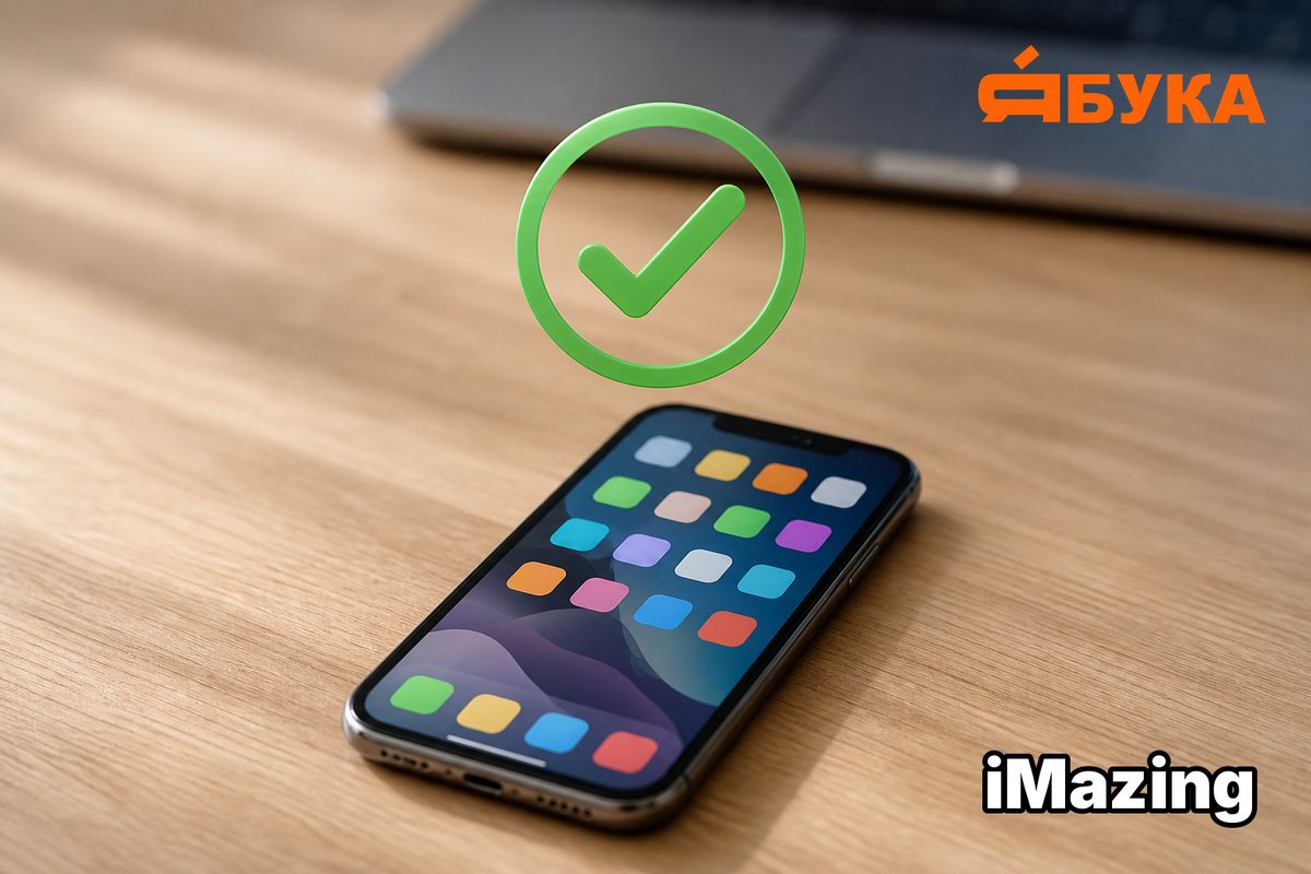 iPhone с сеткой иконок приложений и зелёной галочкой поверх экрана — iMazing снова работает
