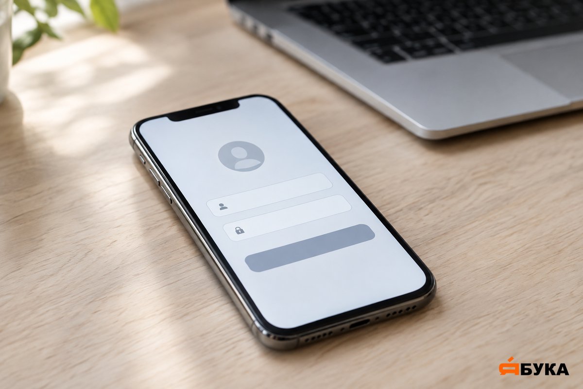 Экран iPhone с окном входа в Apple ID на фоне MacBook